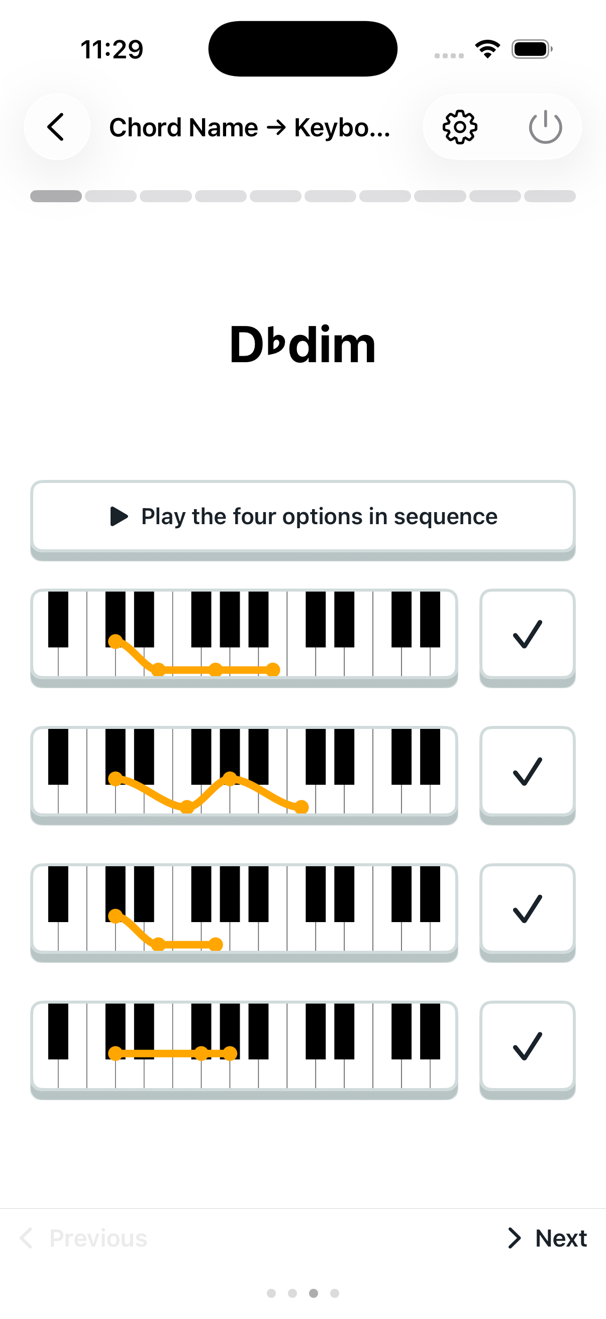 Chord name to keyboard: question screen
