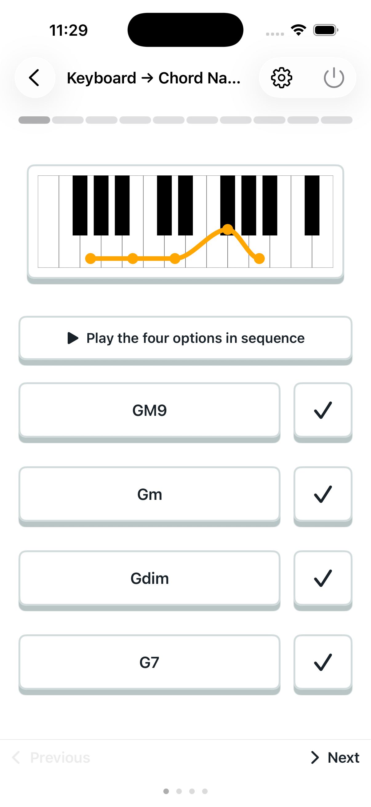 Keyboard to chord name: question screen
