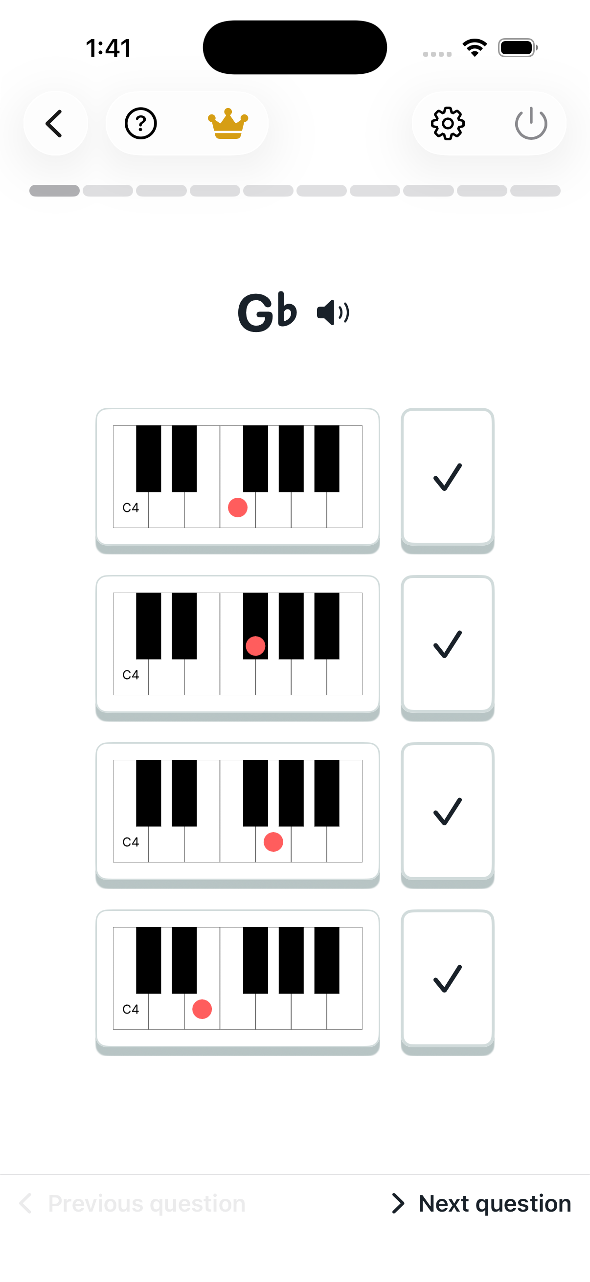 Note name to keyboard: question screen