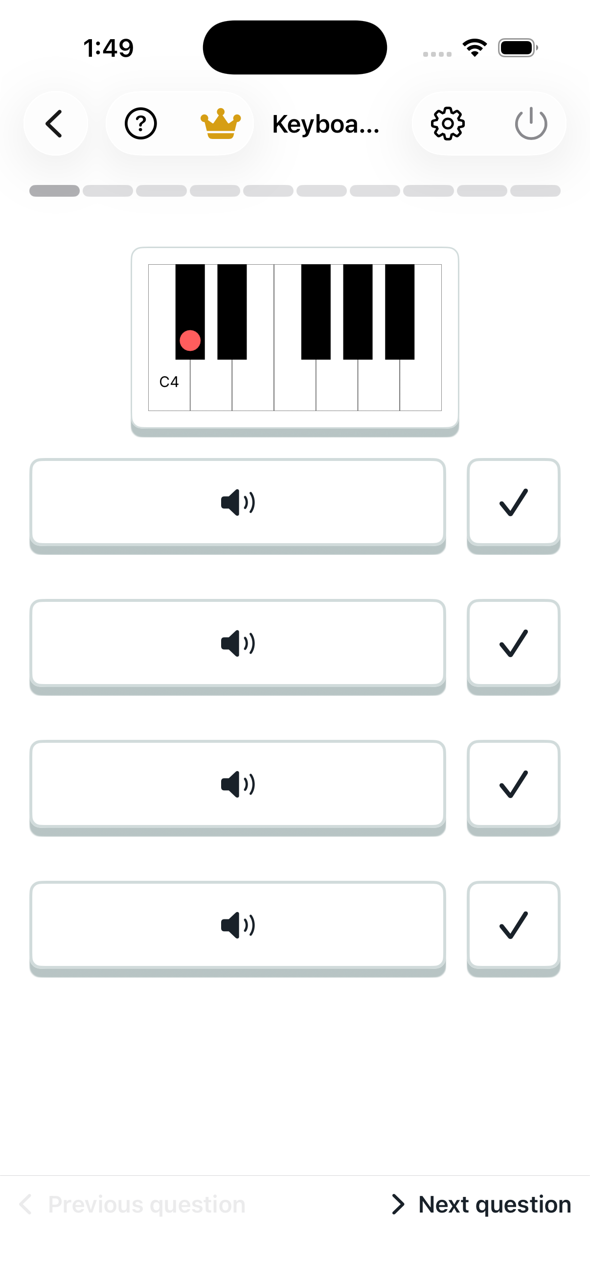 Keyboard to pitch: question screen