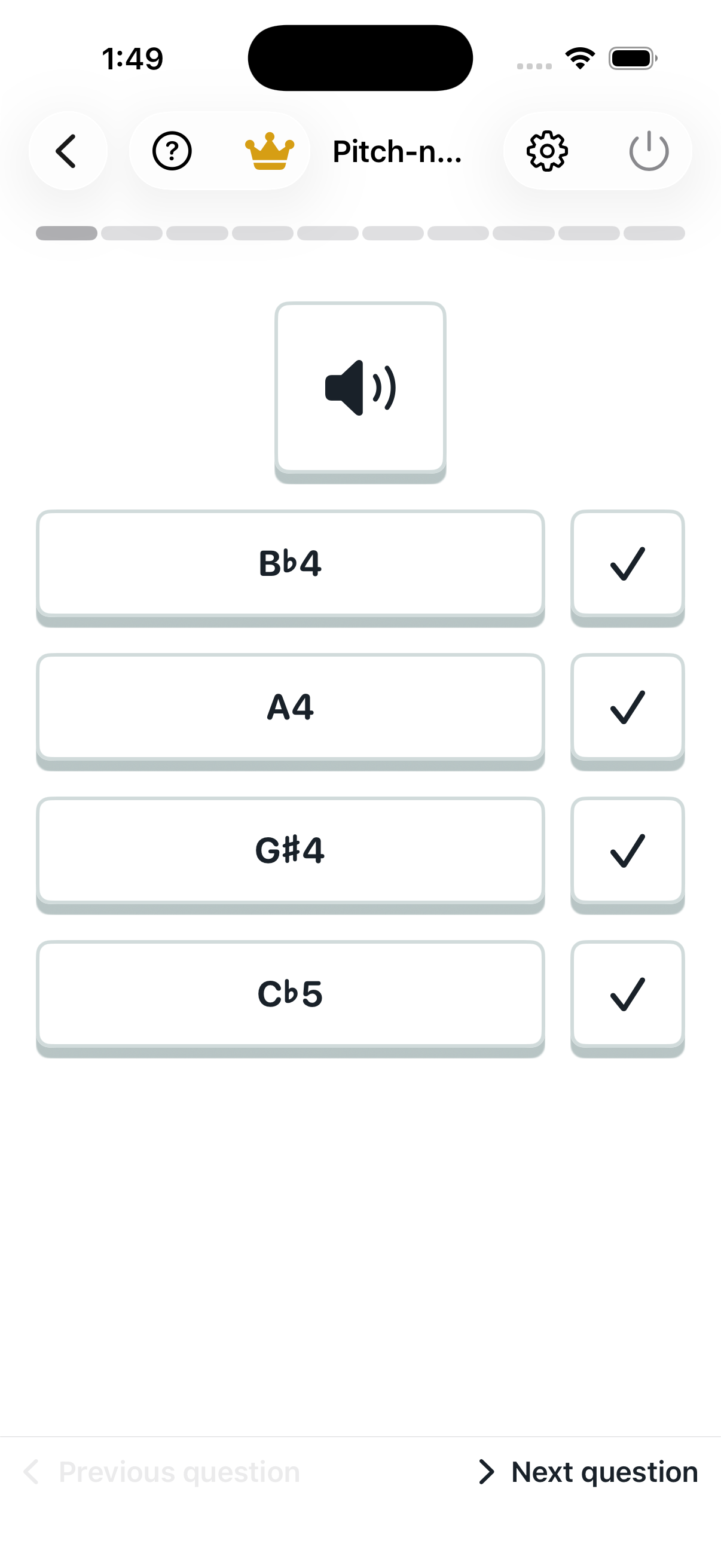 Pitch to note name: question screen